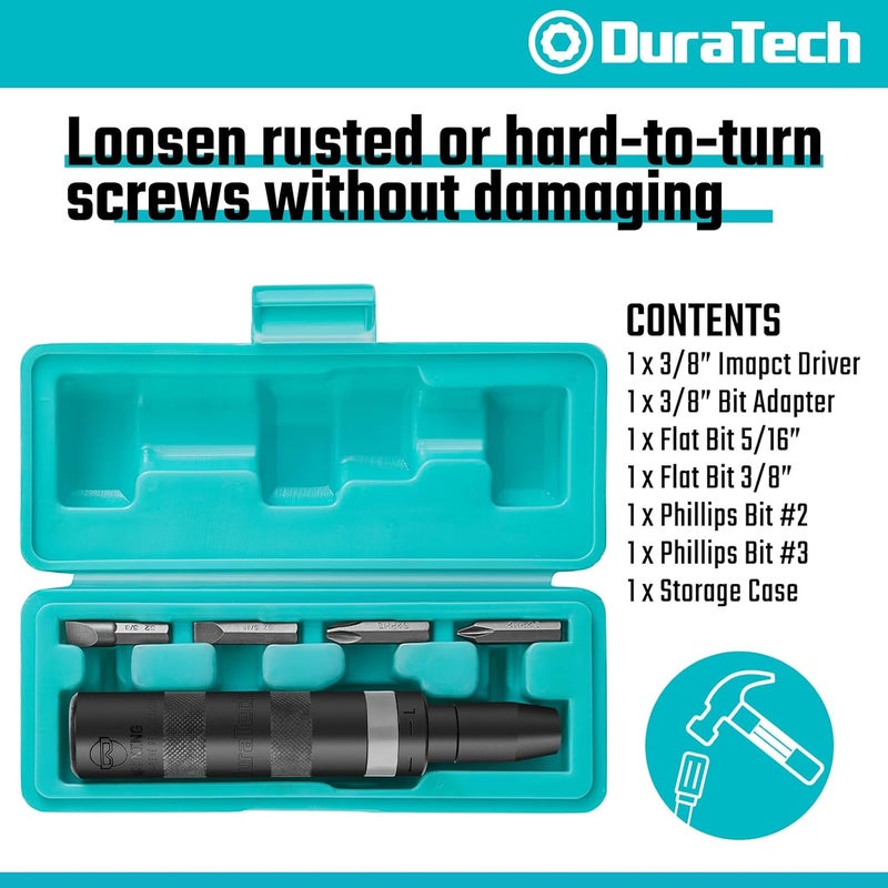 DURATECH 3/8 Inch Drive Manual Impact Driver, Reversible Hand Screwdriver Set, with S2 Steel Bits, 5-Piece, for Tighten/Rusted Fasteners, Organized in Storage Case - Image 2